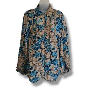 INC Blouse Womens Size 14W Tan Blue Floral Crinkle Material Ruffle Front Cuffs